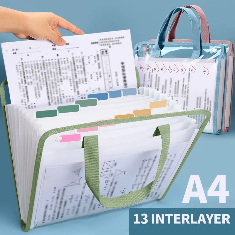 HUAJIE A4 Transparent Accordion File Bag, Waterproof Snap Folder for Students, Large Capacity Handheld Document Organizer