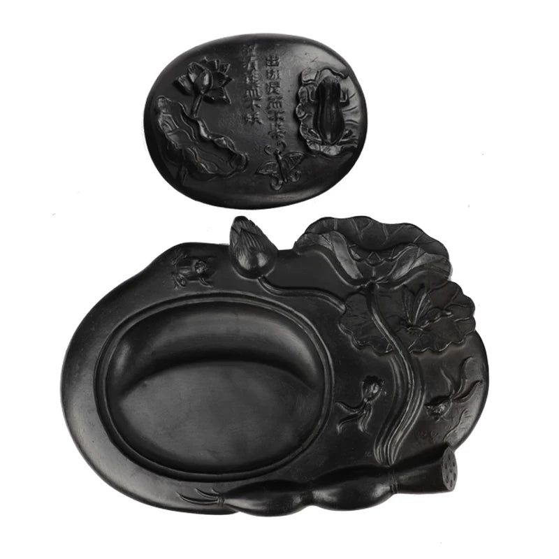 Carving Ink Stone Lotus Shaped Natural Calligraphy Rock Grinding Inkstone Plate Chinese Painting Calligraphie Strong Ink Inkslab