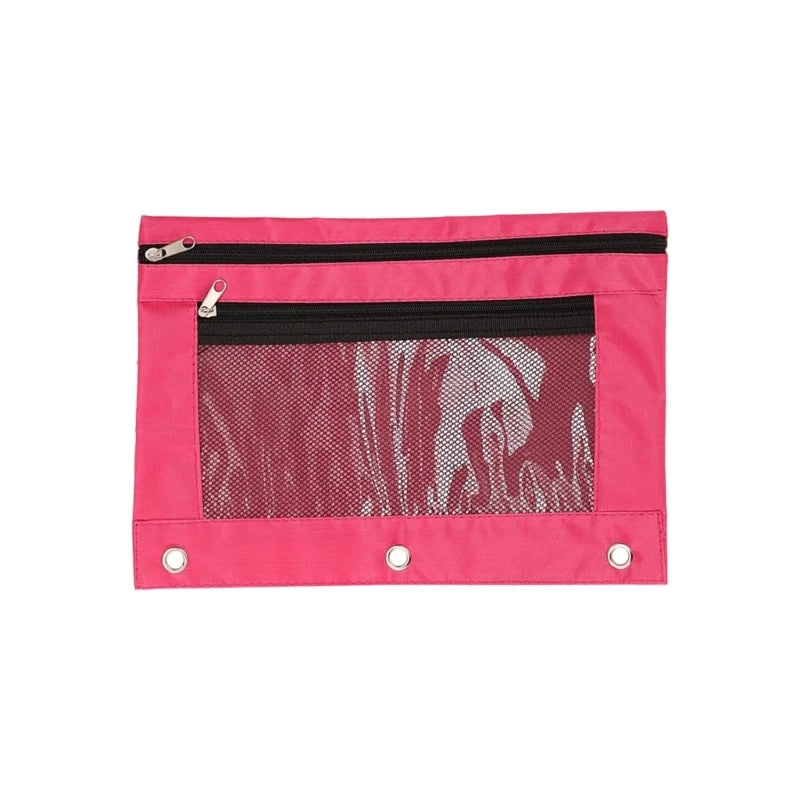 Double Zipper Pen Bag 3 Rings Binders Pencil Case File Bag Pencil Box For Erasers Rulers Markers Storage