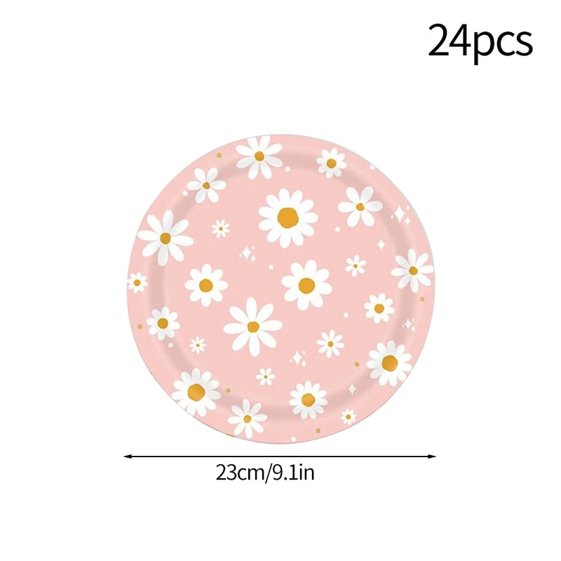 24pcs 7/9inch Pink Daisy Theme Disposable Tableware Flower Plate Napkin Banner Birthday Party Baby Shower Wedding Decor