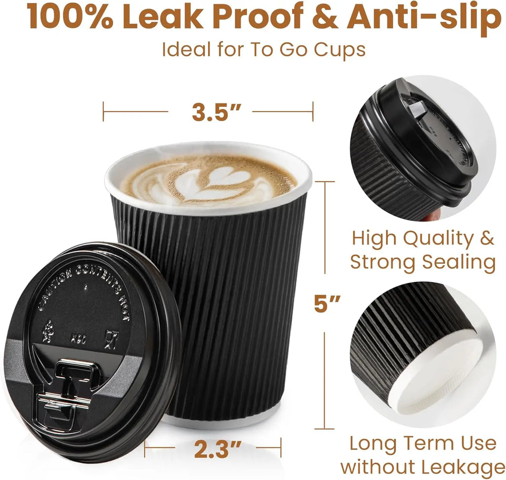 12OZ Black Disposable Coffe Cups with Lids Corrugated Triple Wall To Go Hot Cups Insulated Paper Cups for Hot Drinks Home Office