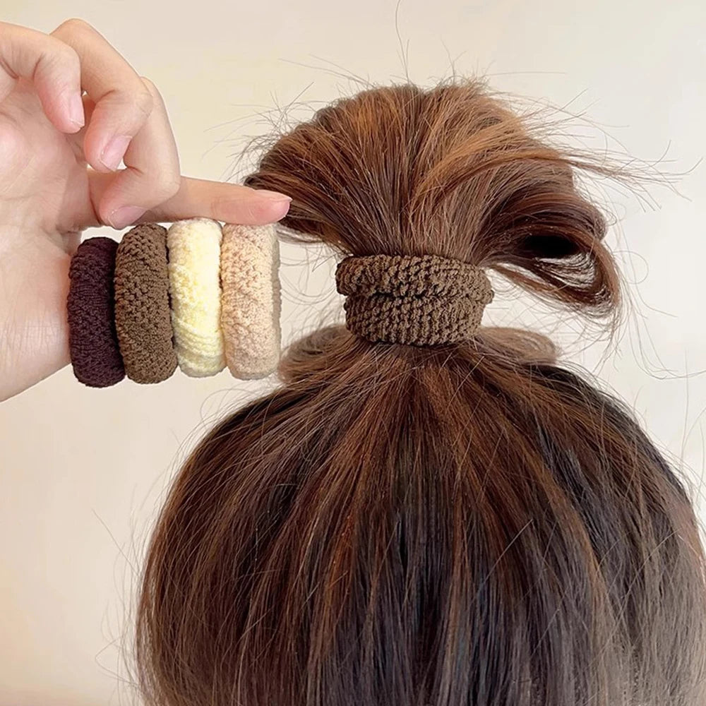 5pcs/Set Mixed Color Thick Hair Ties Soft Seamless Towel Scrunchies Women Girls Elastic No Damage Ponytail Holders Rubber Band