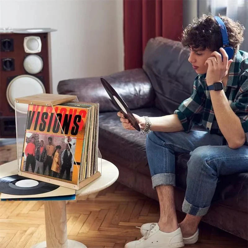 Solid Wood Record Rack Desktop Decoration Transparent Vinyl Record Display Stand Tape and Book Storage Box Solid Wood Storage Sh