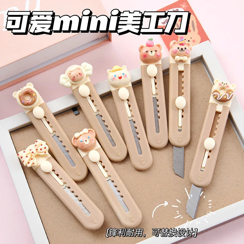 1 Piece Cartoon Utility Knife for Student Cute Fashion Box Cutter Small Portable Kawaii Beige Coffee Color Letter Opener Office