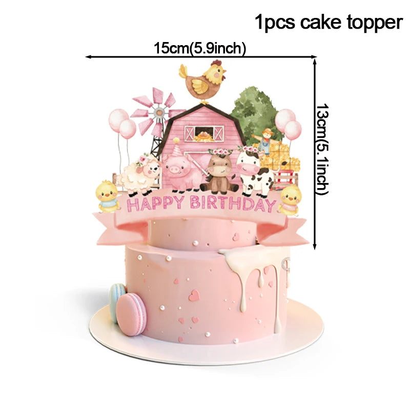 Pink Farm Animals Birthday Decor Disposable Tableware Set Paper Banner Floral Plates Baby Shower Girl Birthday Party Decorations