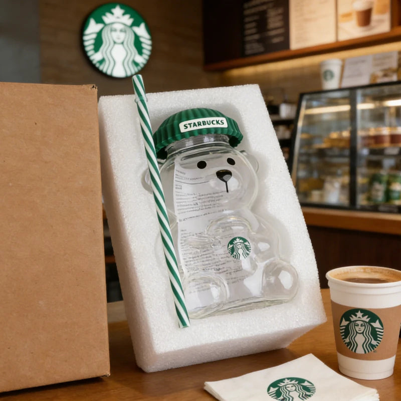 Starbucks Bearista Bear Clear Glass Tumbler 591ml 20oz Green Lid With Straw Cold Water Iced Coffee Home Café Gift