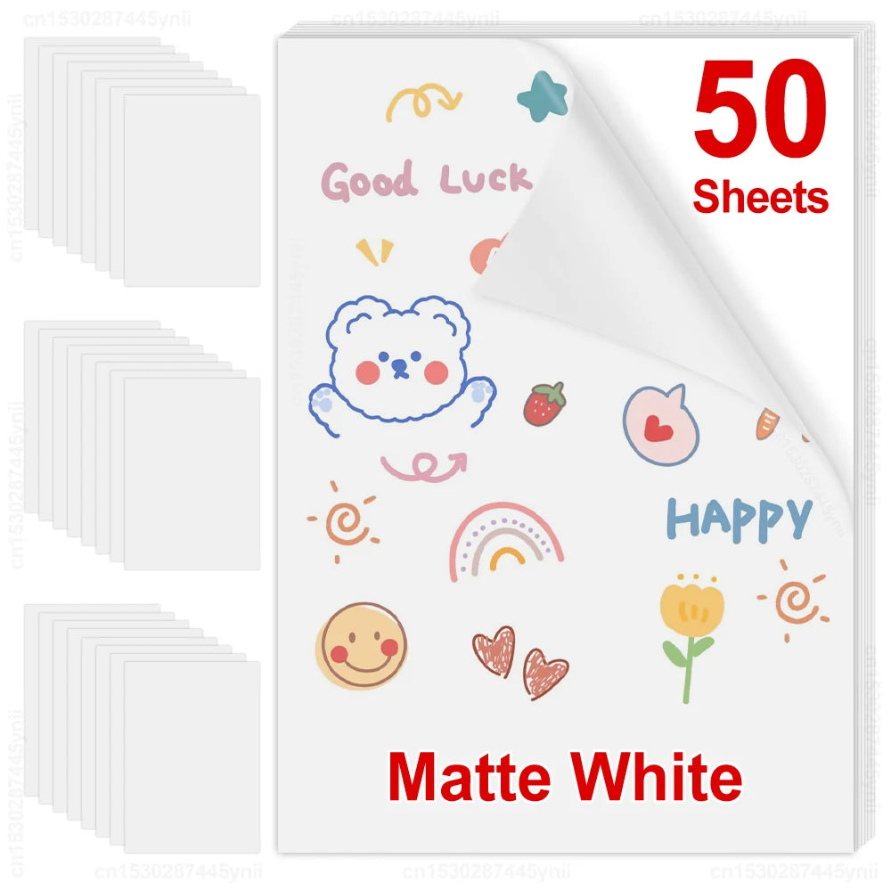 30Sheets/50Sheets Printable Vinyl Sticker Paper Self-adhesive A4 Glossy White Half Transparent Copy Paper for All Inkjet Printer