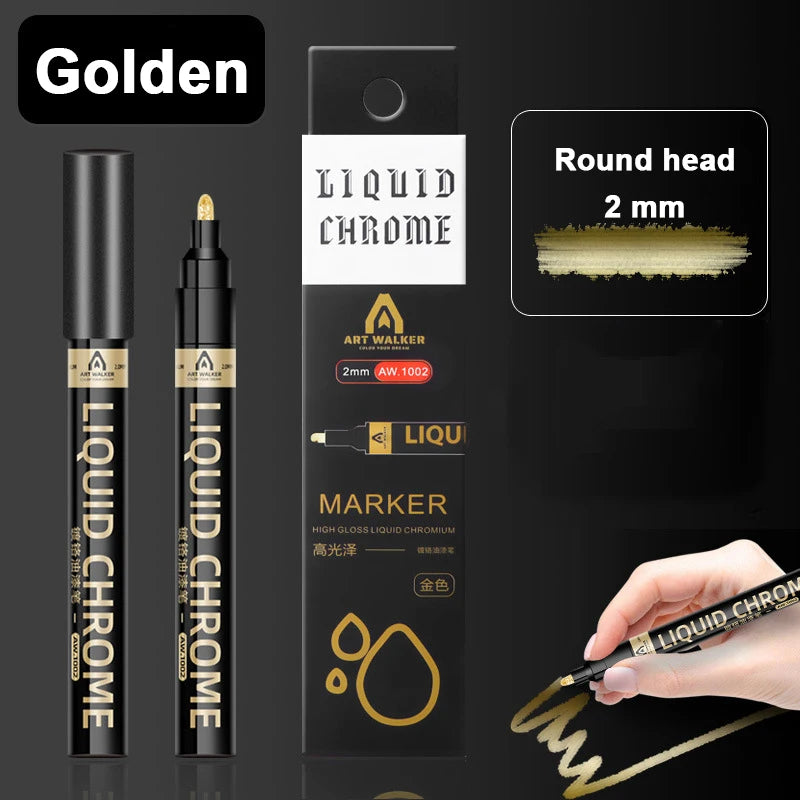 1Pcs Chrome Mirror Marker Pen 0.7mm 1mm 2mm DIY Reflective Paint Pen Permanent Gold Silver Copper Marker Model Painting Marking