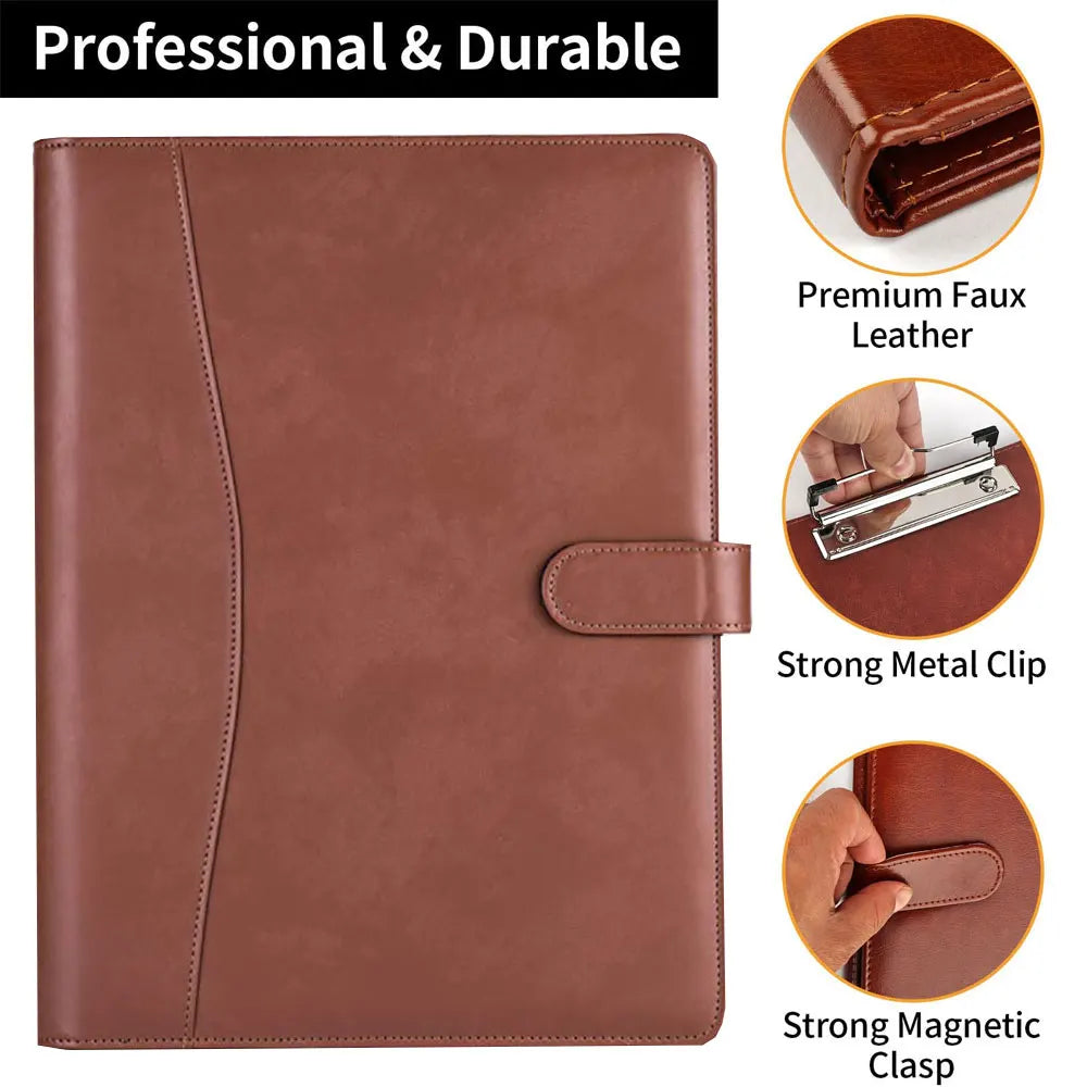 Multifunctional leather folder with A4 writing pad cover including 1 lined notepad, can hold bank cards and other storage