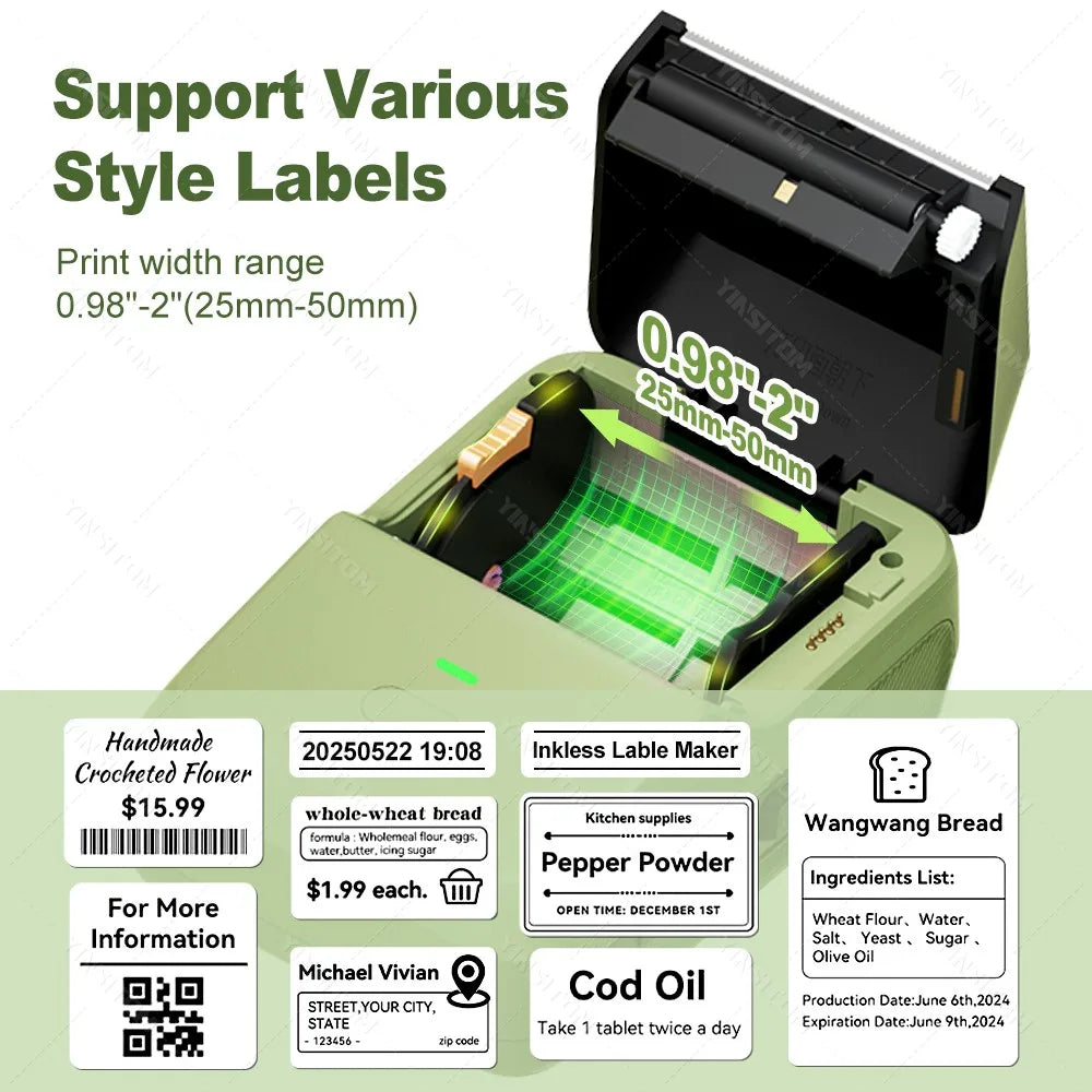 YINSITOM 20-50mm Mini Portable Thermal Printer Bluetooth Barcode Hand Multifunctional Price Label Sticker Maker Android / iOS