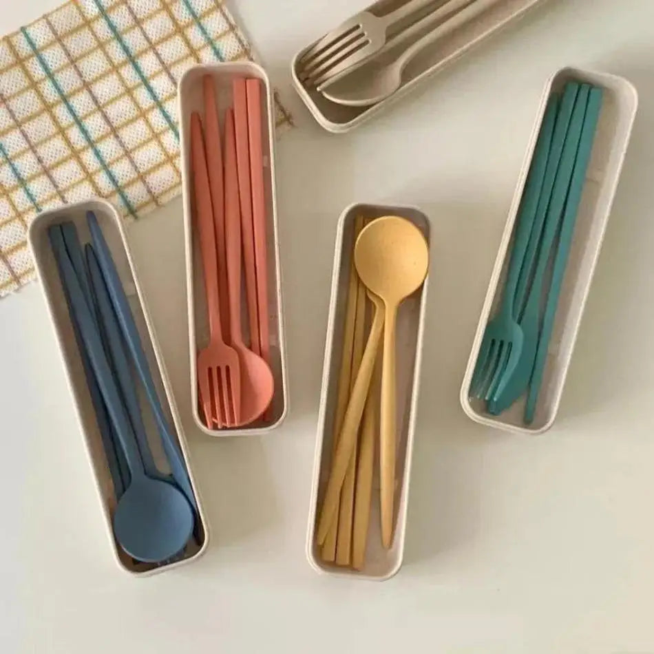 4 Pcs/Set Cutlery Wheat Straw Spoon Fork Chopsticks Box Tableware Portable Dinnerware Accessories Household Fashion Tableware