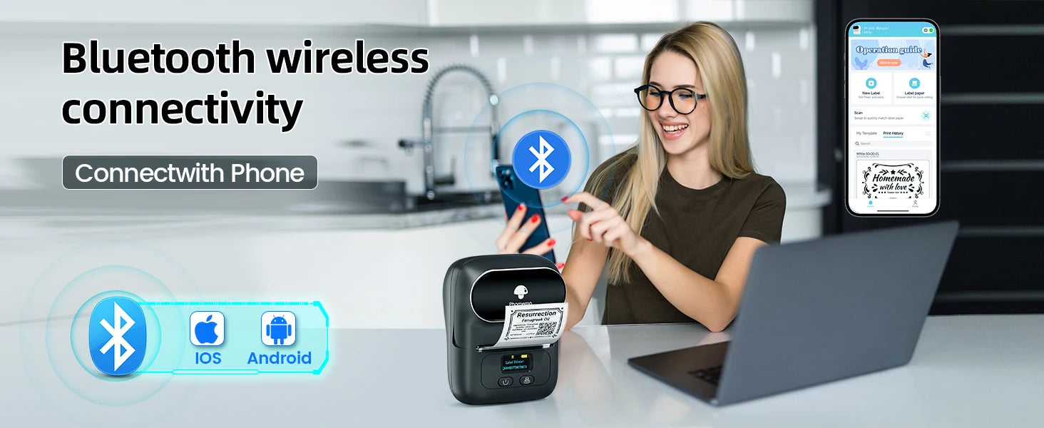 Phomemo M110 Label Makers Barcode Label Printer Bluetooth Portable Thermal Printer for Small Business Address Logo Clothing