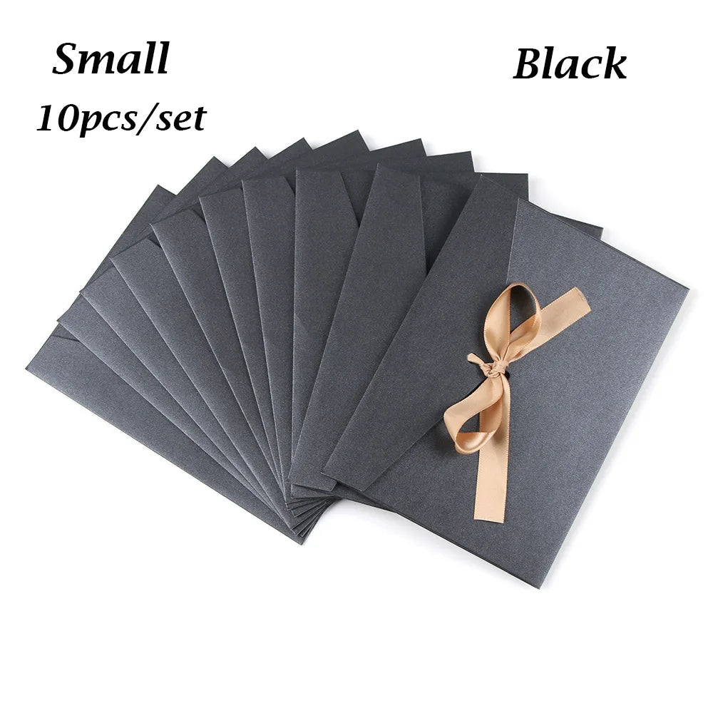 10Pcs Black Envelopes with Bow Ribbon Creative Black Greeting Card Bags Pearlescent Paper Envelop Wedding Invited Card Envelopes