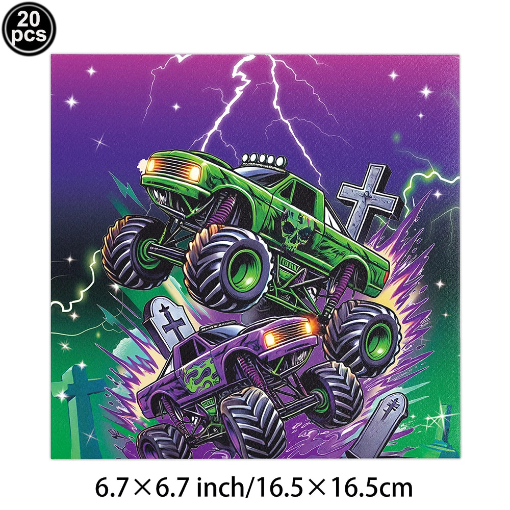 Monster Truck Party Supplies Disposable Tableware Plates Napkin Banner Tablecloth for Kids Boys 2nd Birthday Party Decorations