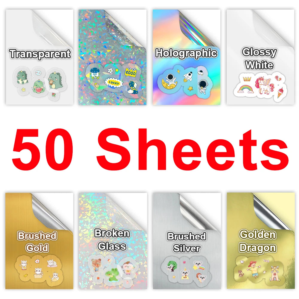 50 Sheets A4 Transparent Printable Vinyl Sticker Paper Glossy White Self-Adheisve Copy Paper for Inkjet Printer DIY Crafts Tapes