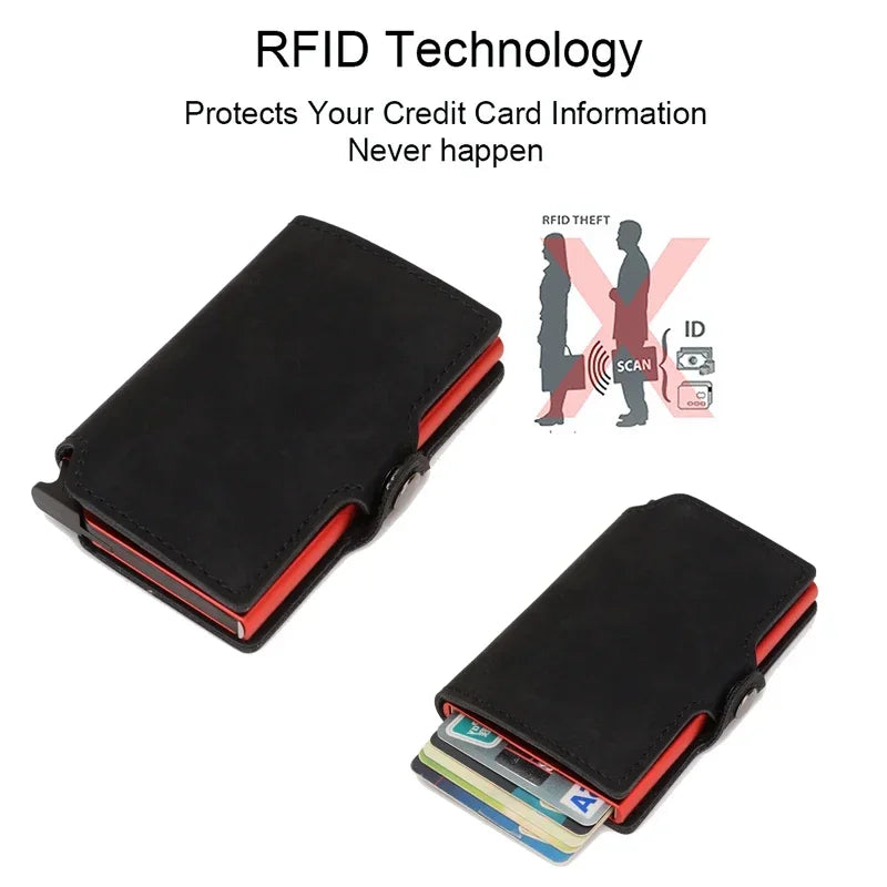 Rfid Credit Card Holder Luxury Split Leather Wallet Men Metal Slim Thin  Minimalist Wallet Bank Cardholder Case Travel Wallet