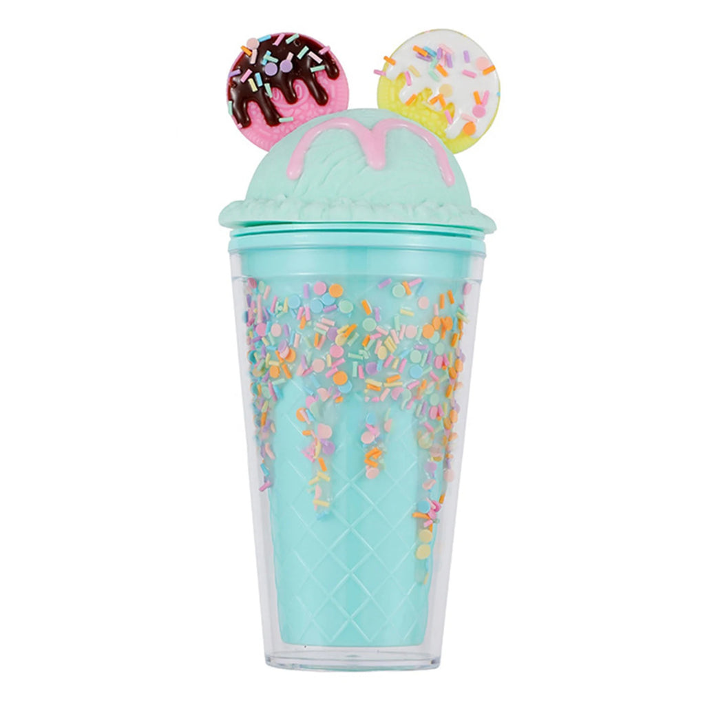 450ml Fashion Cartoon Ice Cream Straw Cup Adorable Plastic Bear Drinking Cup With Lid Milk Tea Cup For Women Girls Outdoor Home