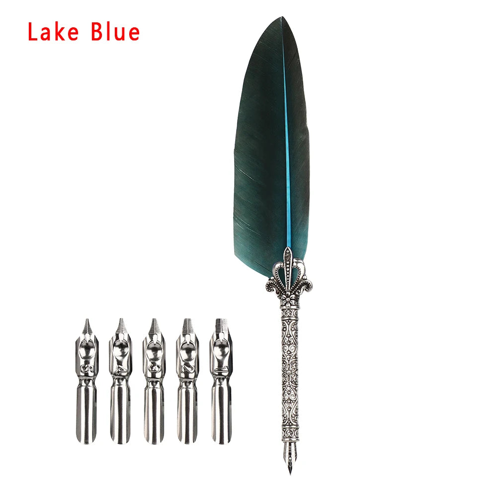 1 Set New Luxury Feather Pen 5 Nib Vintage Quill English Calligraphy Signature Pen European Gift Box Scuba Dive Writing Tools