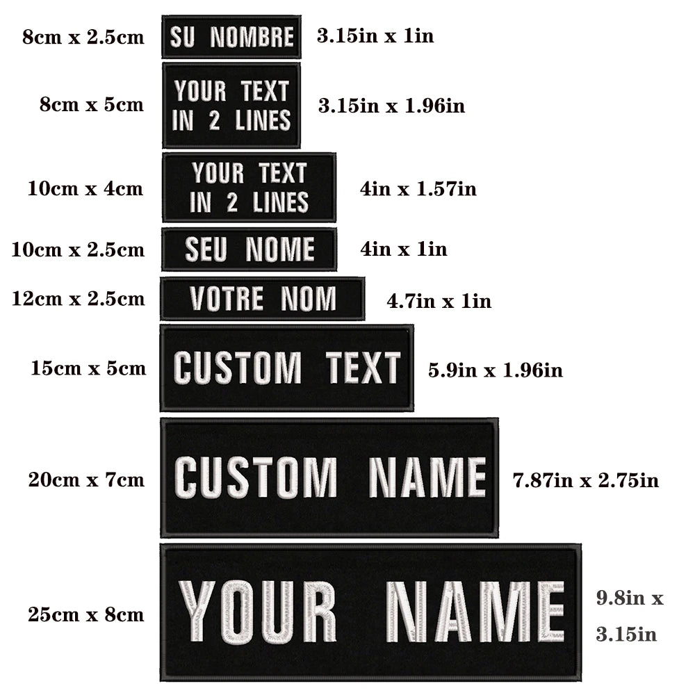 1PC Custom Name Embroidery Patch Stripes Badge Iron On Or Hook Loop 10X2.5CM,8X5CM,10X4CM, 8X2.5CM,12X2.5CM,15X5CM,20X7CM,black