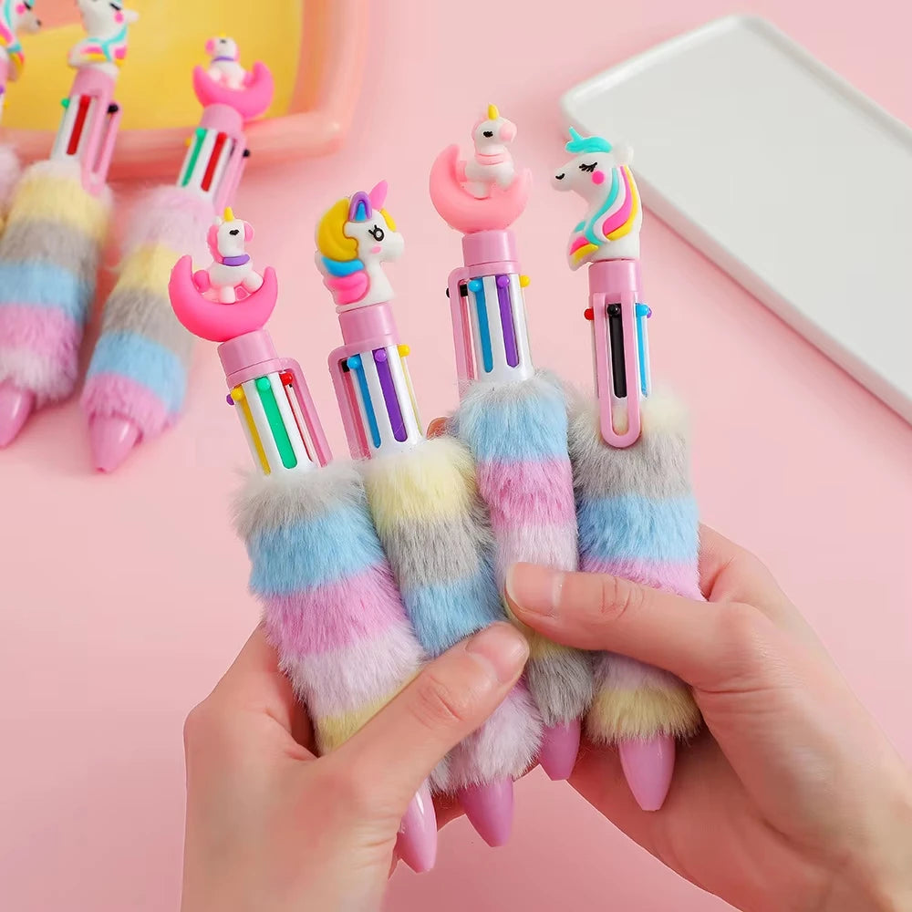 2PCS Children's Unicorn Plush Gel Pen Set 6 Colors Rainbow Ball-point Pens Cartoon Girl Handwriting Tools for Students