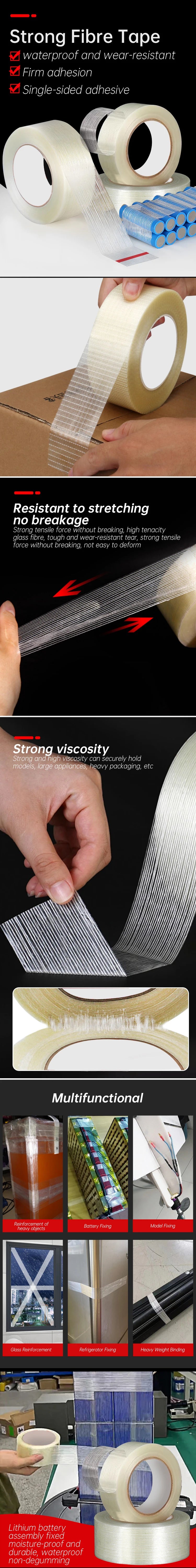 50M Striped Fiber Tape Lithium Battery Pack Insulation Wrap Fiberglass Transparent Single Side Adhesive Seal Packaging Fixed