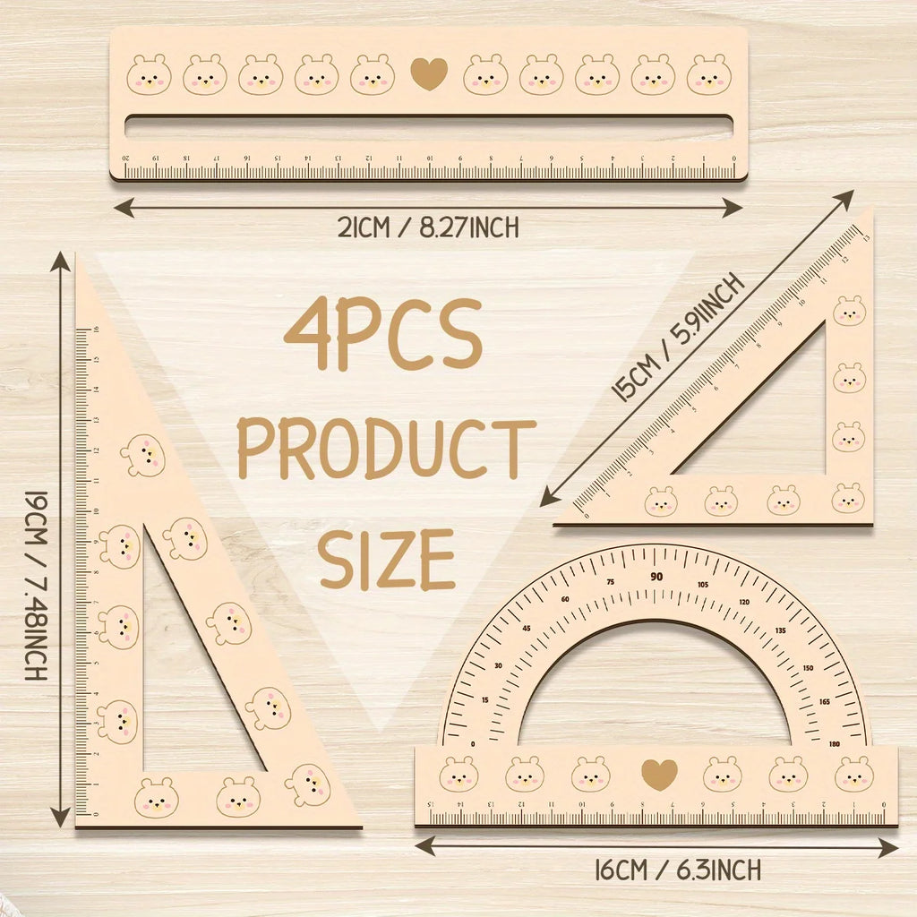 Elegant 4pcs 3mm Thick 2D Wooden Ruler Set Cute Students Math Classes Teacher Gifts Or Office Supplies Triangle Straight Ruler