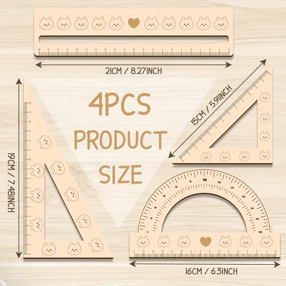 Elegant 4pcs 3mm Thick 2D Wooden Ruler Set Cute Students Math Classes Teacher Gifts Or Office Supplies Triangle Straight Ruler