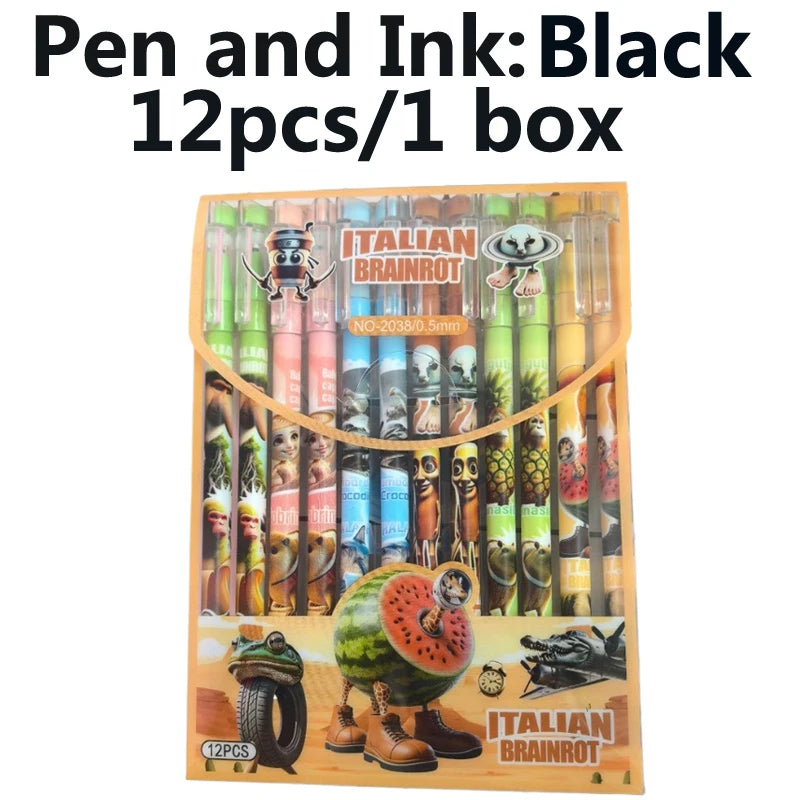 12pcs Tung Tung Sahur Italian Brainrot Wooden Stick Gel Pen Cartoon Signature Pen Individually Packaged Student Stationery Gift