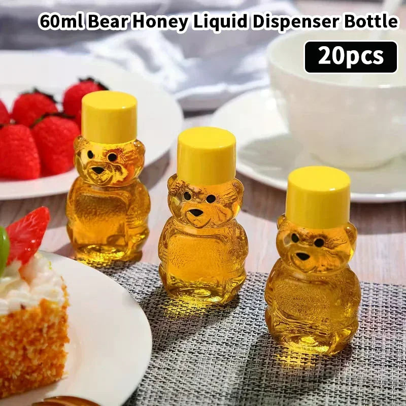 20pcs Plastic Transparent Disposable Cartoon Bear Juice Bottle, Small Capacity Dispensing Bottle, 60ml Honey Bottle
