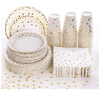 Disposable Paper Plates Gold Party Supplies, Golden Polka Dots Birthday and Baptism Decorations, include Plates and Cups, Napkin