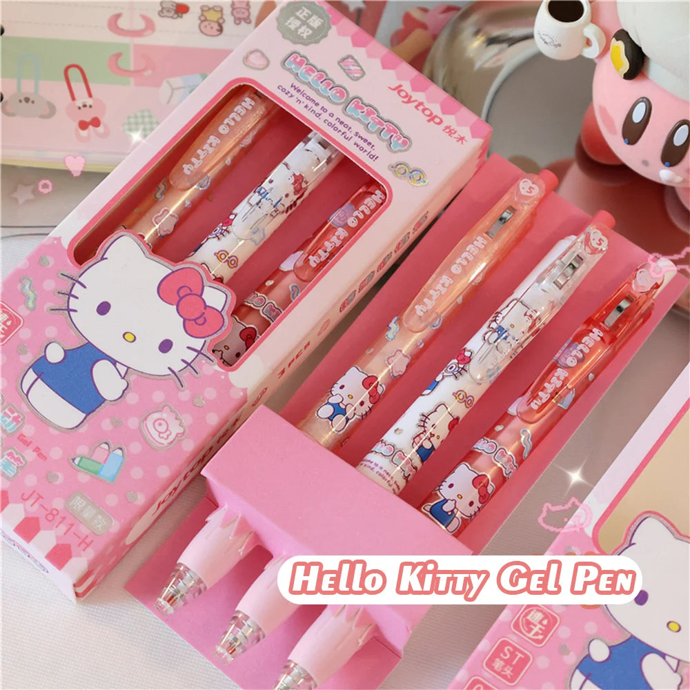 Genuine 3Pcs Kawaii Sanrio 0.5mm Gel Pens Cute Hello Kitty Cinnamoroll Kuromi Black Pen School Student Stationery Supplies Gifts