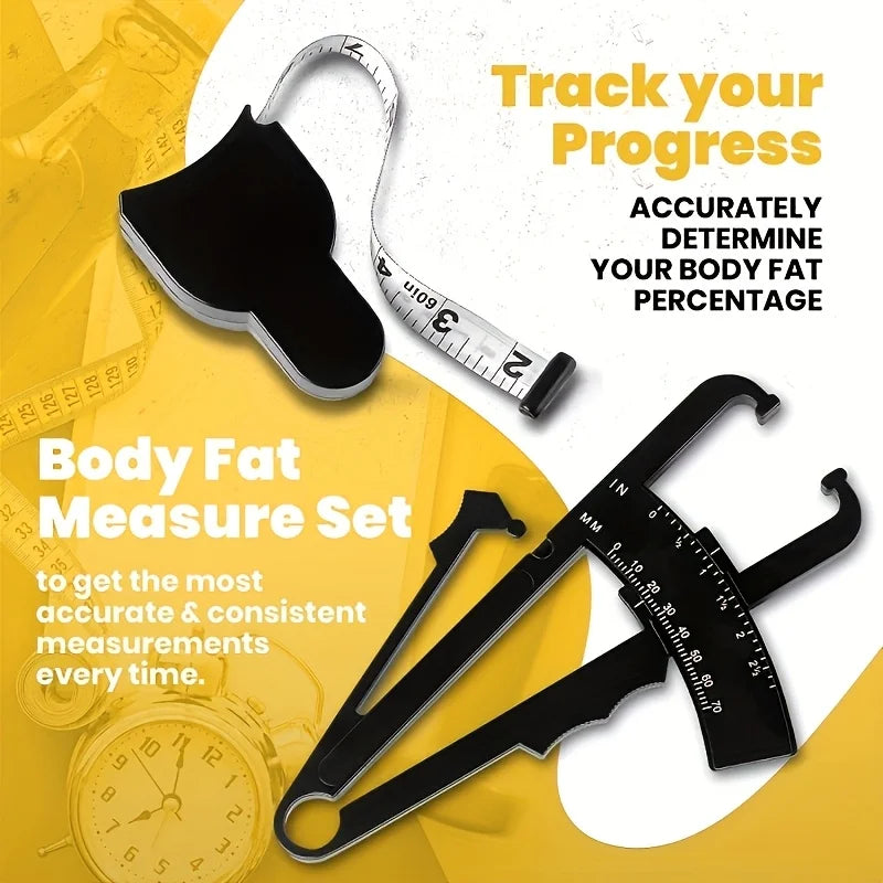 Body fat caliper and Waist Measurement Tape set - handheld fat caliper and tape combination, portable fitness measuring tool
