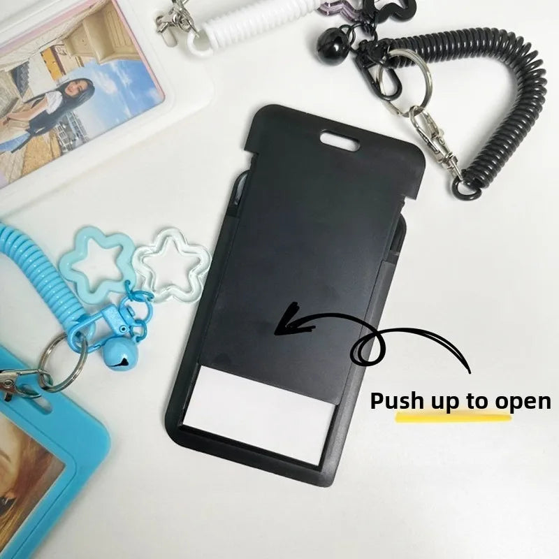 Cute Simple Protective Card Holder with Keychain Colorful Star Retractable Spring Lanyard ID Card Photo Postcard Holder Charms