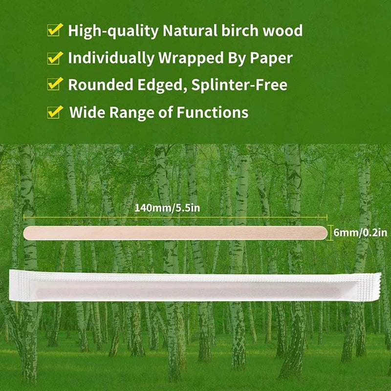 100/200/500Pcs Individually Wrapped Wooden Coffee Stirrers, 5.5-Inch Round End Disposable Stir Sticks for Cocktail & Hot Drinks