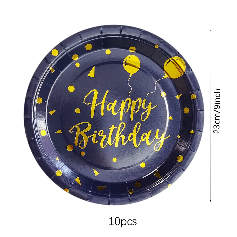 Dark Blue Gold Birthday Disposable Tableware Paper Plates Cups Napkin Tablecloth Adult Elegant Birthday Party Decoration Wedding