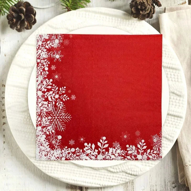 20pcs 33cm 2Ply Christmas Red Snowflake Paper Napkins Christmas Decoration Supplies Ice Festival Party Printed Napkins