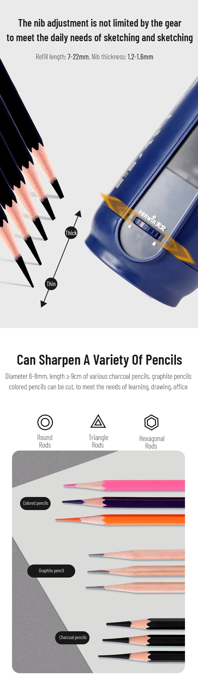 Tenwin Fully Automatic Electric Pencil Sharpener USB Charging Fast Sharpen Colored Sketch Pencils Student School Supplies Statio