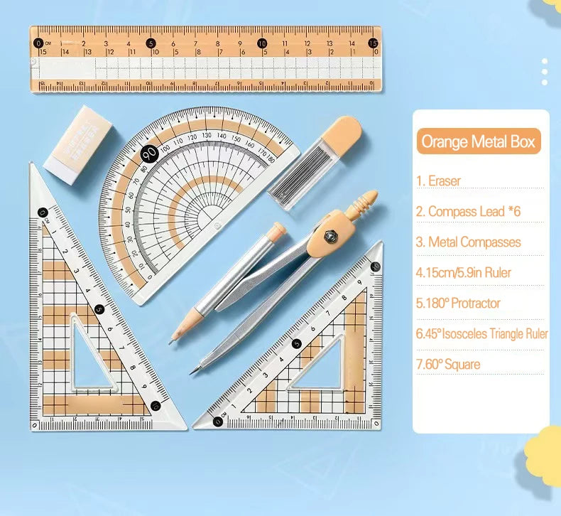8-Piece Set of Measuring Rules for Students Including Compass Measuring Angle Ruler Triangular Ruler Measuring and Drawing Compl
