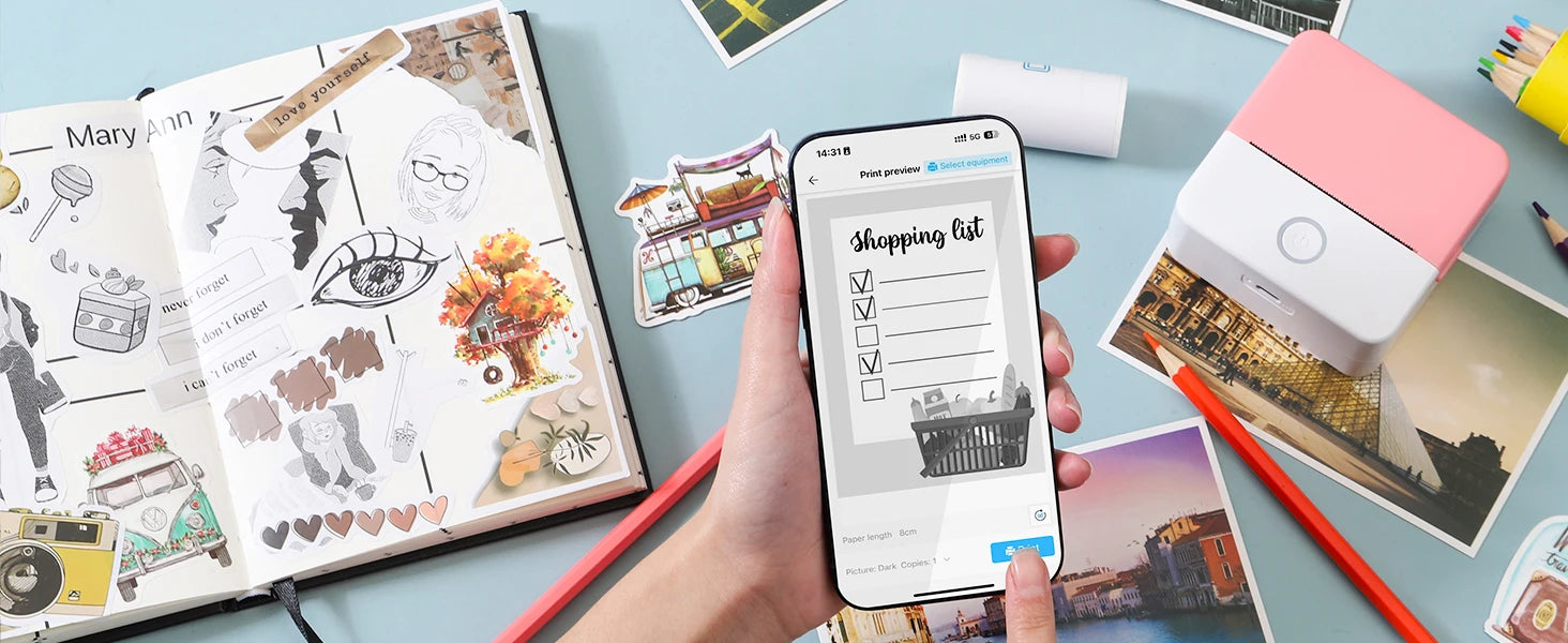 Thermal Mini Printer, Portable Inkless Sticker Maker,Bluetooth Free Cut Small Pocket Printer for Children DIY 57mm Photo Print