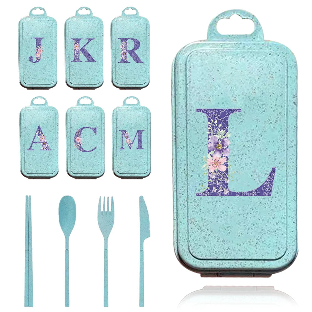 4Pcs Wheat Straw Cutlery Knife Spoon Fork Chopsticks Portable Set Plastic Detachable Dinnerware Purple Flower Letter Pattern