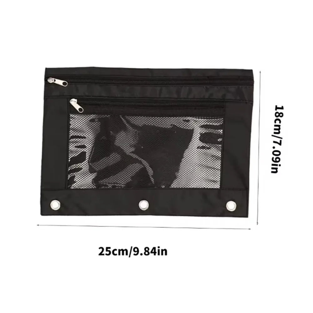 Double Zipper Pen Bag 3 Rings Binders Pencil Case File Bag Pencil Box For Erasers Rulers Markers Storage