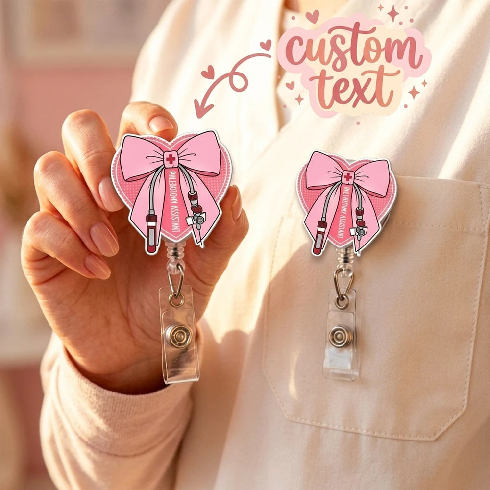 1pc Custom Name Pink Heart & Bow Badge Reel, Phlebotomist Nurse Personalized Gift, Everyday Work ID Holders, Nurse's Day