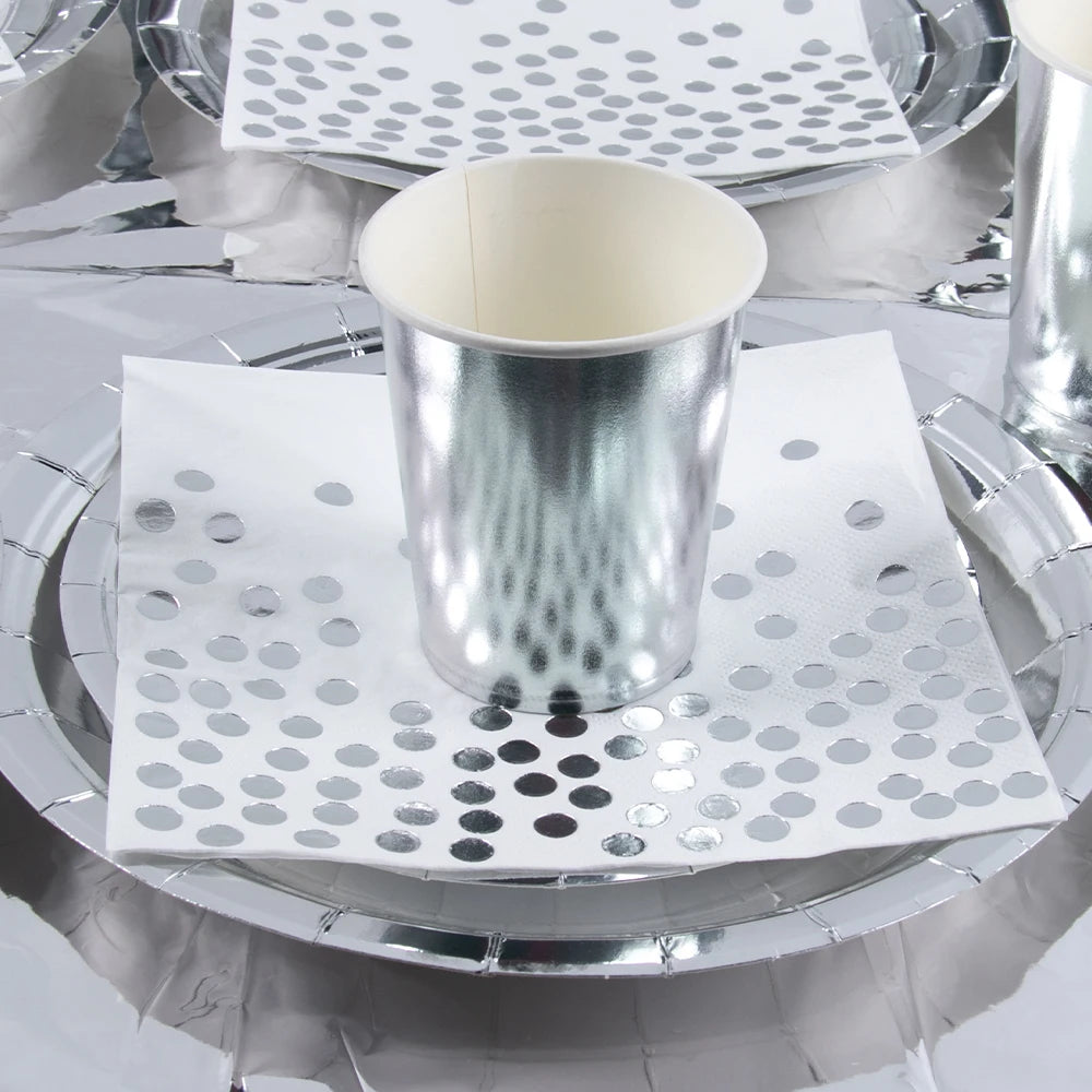 Silver Laser Paper Disposable Tableware Set Dinner Paper Plate Cup Napkin Tablecloth for Birthday Party Retirement Wedding Party