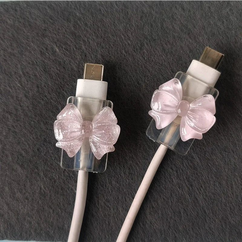2Pcs Lovely Pink Bow Silicone Charger Cable Protector Sleeve Cable Holder Clip Anti-break Transparent Cord Cover Wrap