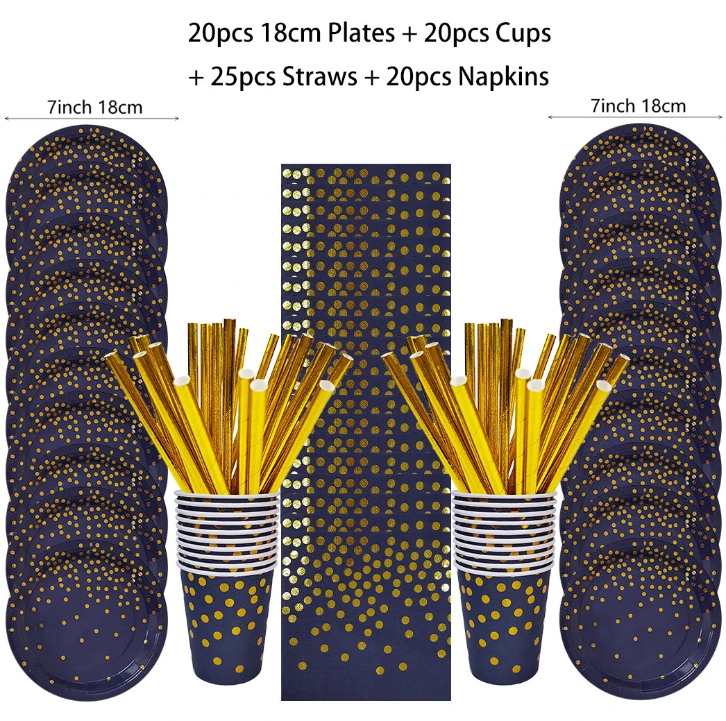 Dark Blue Gold Birthday Disposable Tableware Paper Plates Cups Napkin Tablecloth Adult Elegant Birthday Party Decoration Wedding