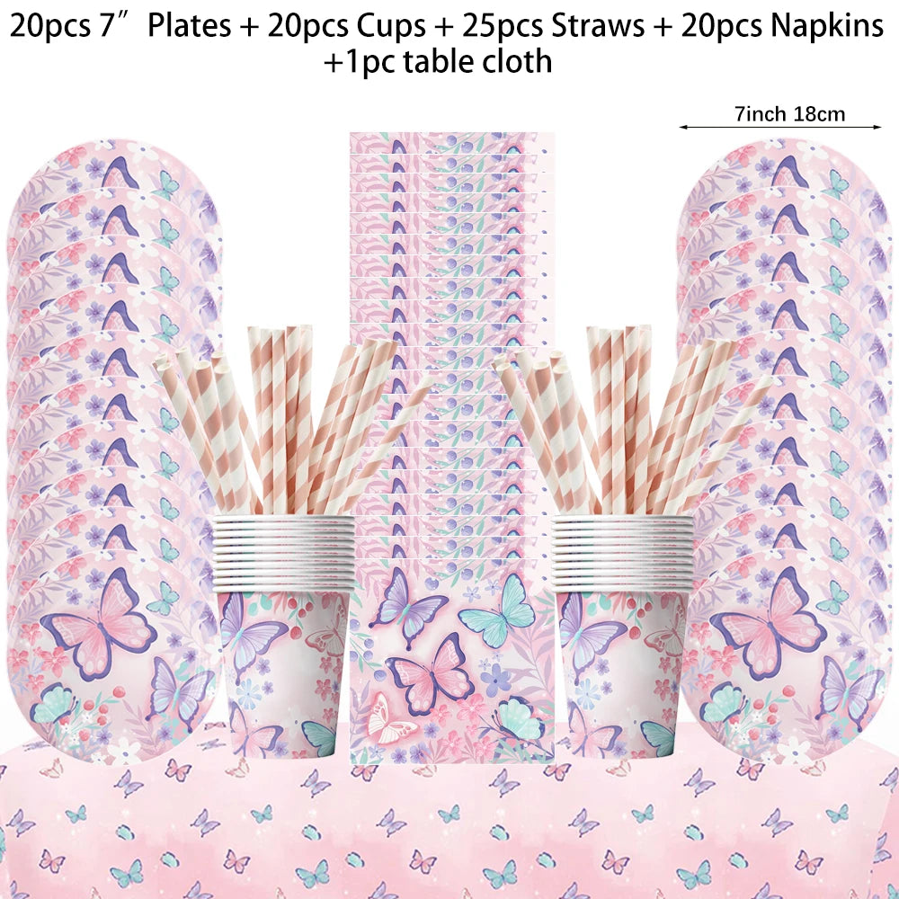 Butterfly Girls Birthday Party Disposable Tableware Fairy Pink Paper Plates Cups Napkin Tablecloth Birthday Party Decorations
