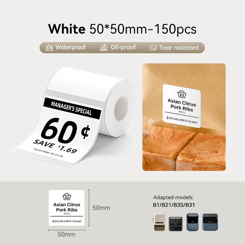 1 Roll NIIMBOT White/Cold Thermal Adhesive Label for B1 B21 B3S B31 B4 Anti-Oil Tear-Resistant Price Tag Home Bussiness Use