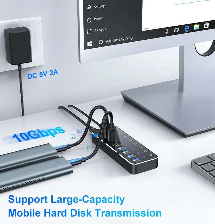 RSHTECH 7-Port Powered USB C Hub with 10Gbps USB-C 3.2 Ports Individual Touch Switches 5V/3A Power Adapter Laptop USB Splitter