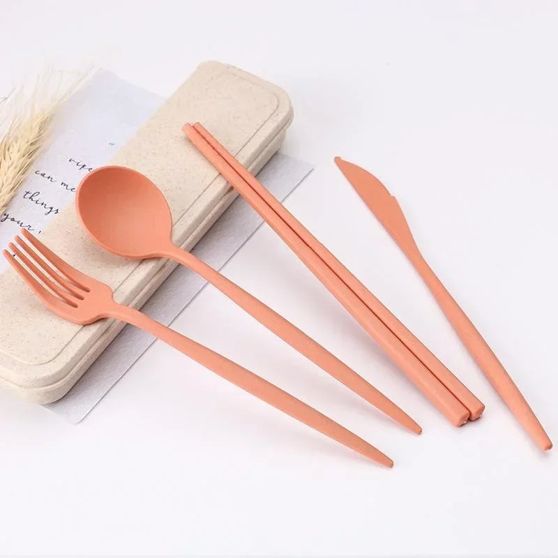 4 Pcs/Set Cutlery Wheat Straw Spoon Fork Chopsticks Box Tableware Portable Dinnerware Accessories Household Fashion Tableware