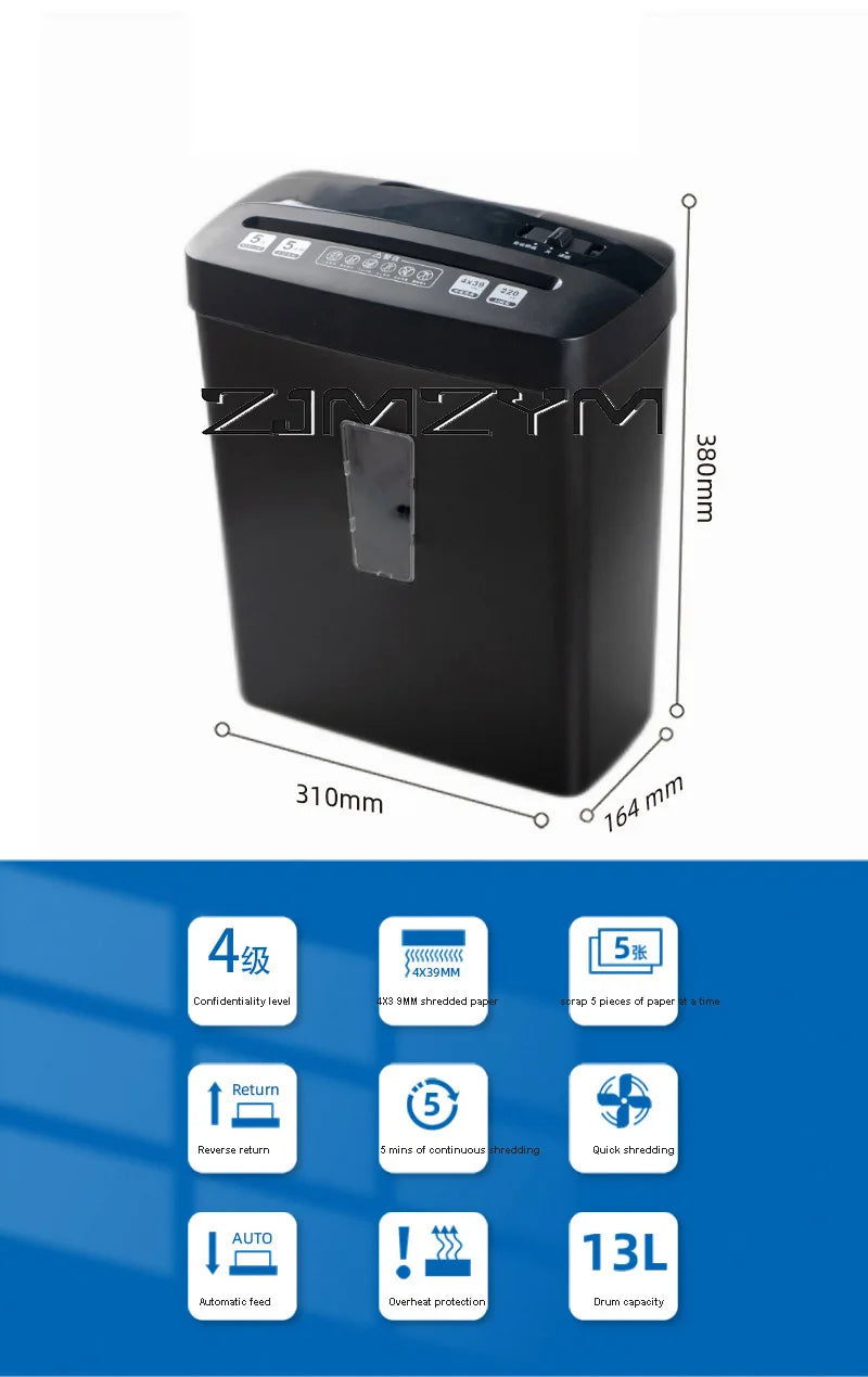 5 Sheet Automatic Paper Shredder Cross Cut Low Noise Card Shredder with 13L Trash Can for Disc Staple EU Plug 220